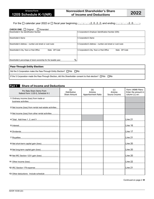 Arizona Form 120S (ADOR10338) Schedule K-1(NR) Nonresident Shareholder's Share of Income and Deductions - Arizona, 2022