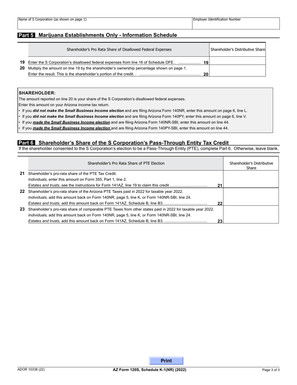 Arizona Form 120s Ador10338 Schedule K 1nr 2022 Fill Out Sign Online And Download 3823