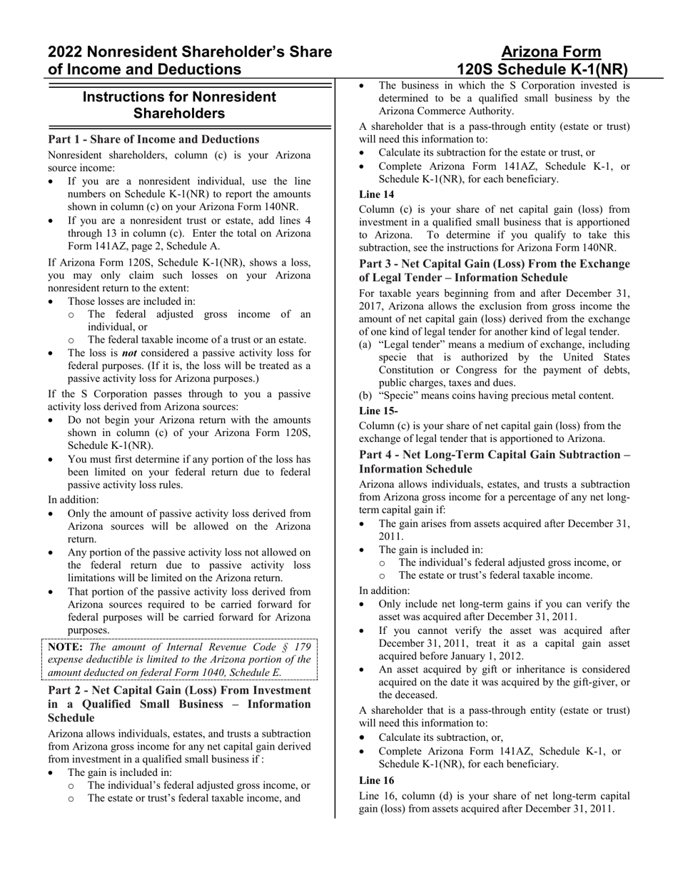 Arizona Form 120S (ADOR10338) Schedule K1(NR) 2022 Fill Out, Sign