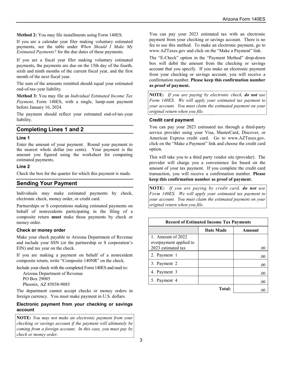 Instructions for Arizona Form 140ES, ADOR10575 Individual Estimated Income Tax Payment - Arizona, Page 3