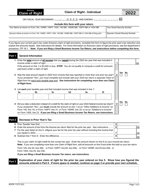 Arizona Form CLAIM OF RIGHT (ADOR11273) Claim of Right - Individual - Arizona, 2022
