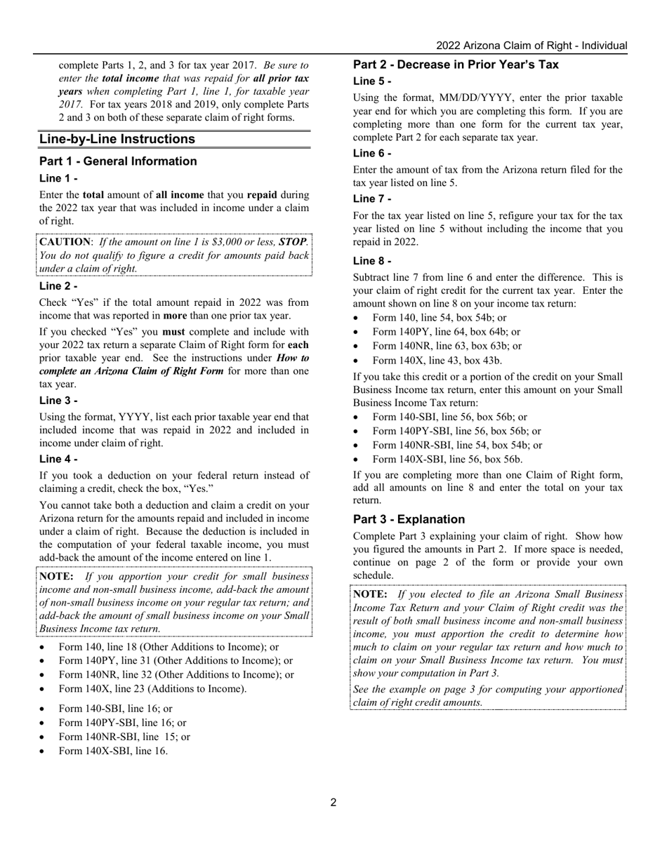 Instructions for Arizona Form CLAIM OF RIGHT, ADOR11273 Arizona Claim of Right - Individual - Arizona, Page 2