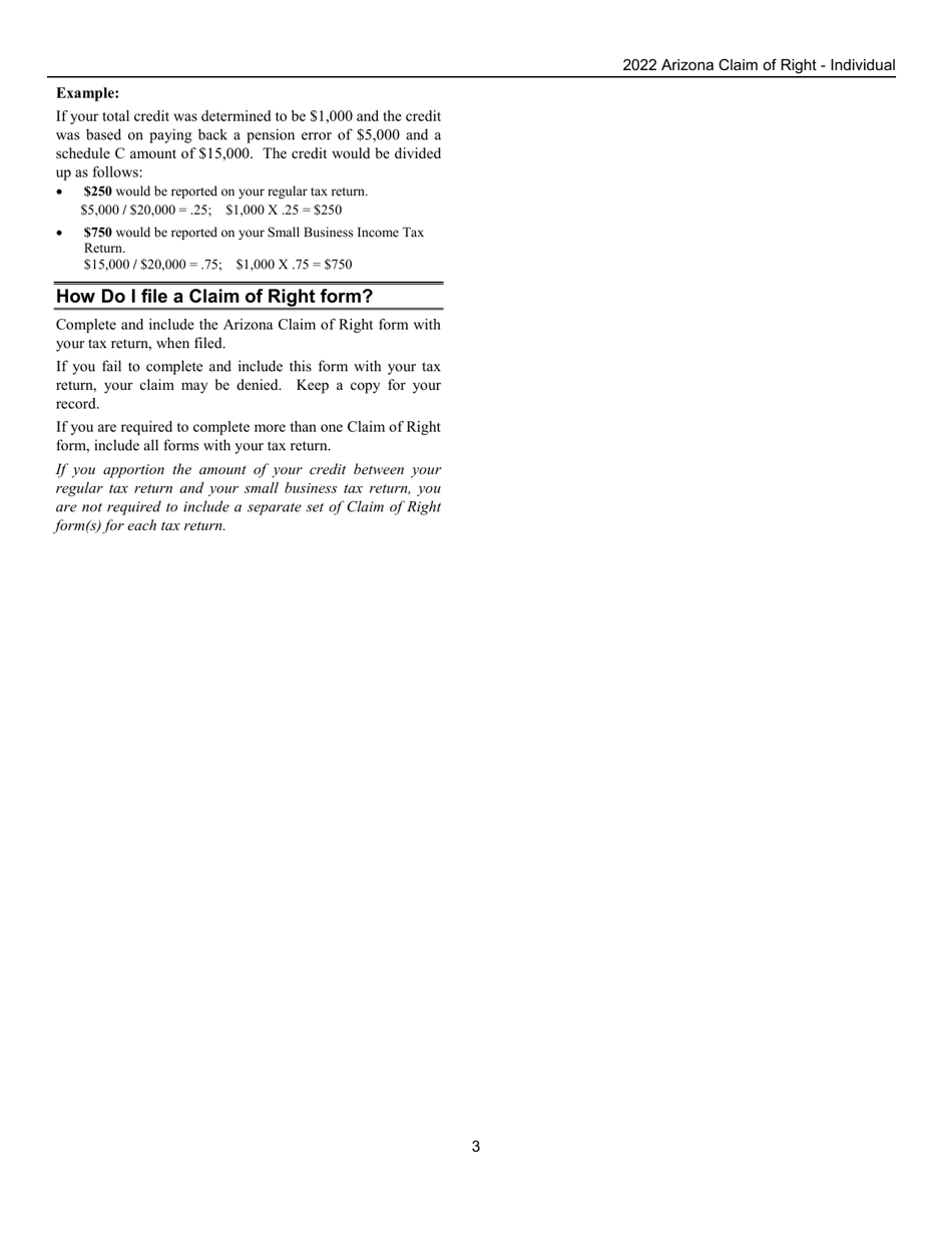 Instructions for Arizona Form CLAIM OF RIGHT, ADOR11273 Arizona Claim of Right - Individual - Arizona, Page 3