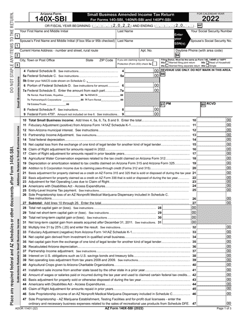 Arizona Form 140X-SBI (ADOR11401) Small Business Amended Income Tax Return for Forms 140-sbi, 140nr-Sbi and 140py-Sbi - Arizona, 2022