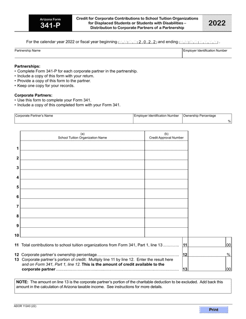 Arizona Form 341-P (ADOR11243) 2022 Printable Pdf
