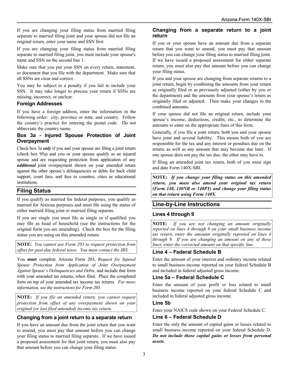 Instructions for Arizona Form 140X-SBI, ADOR11401 Small Business Amended Income Tax Return for Forms 140-sbi, 140nr-Sbi and 140py-Sbi - Arizona, Page 3