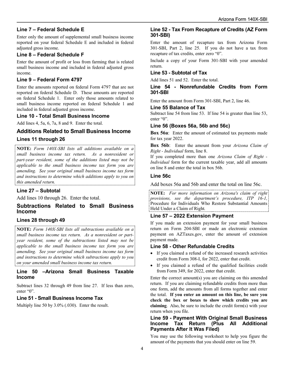 Instructions for Arizona Form 140X-SBI, ADOR11401 Small Business Amended Income Tax Return for Forms 140-sbi, 140nr-Sbi and 140py-Sbi - Arizona, Page 4