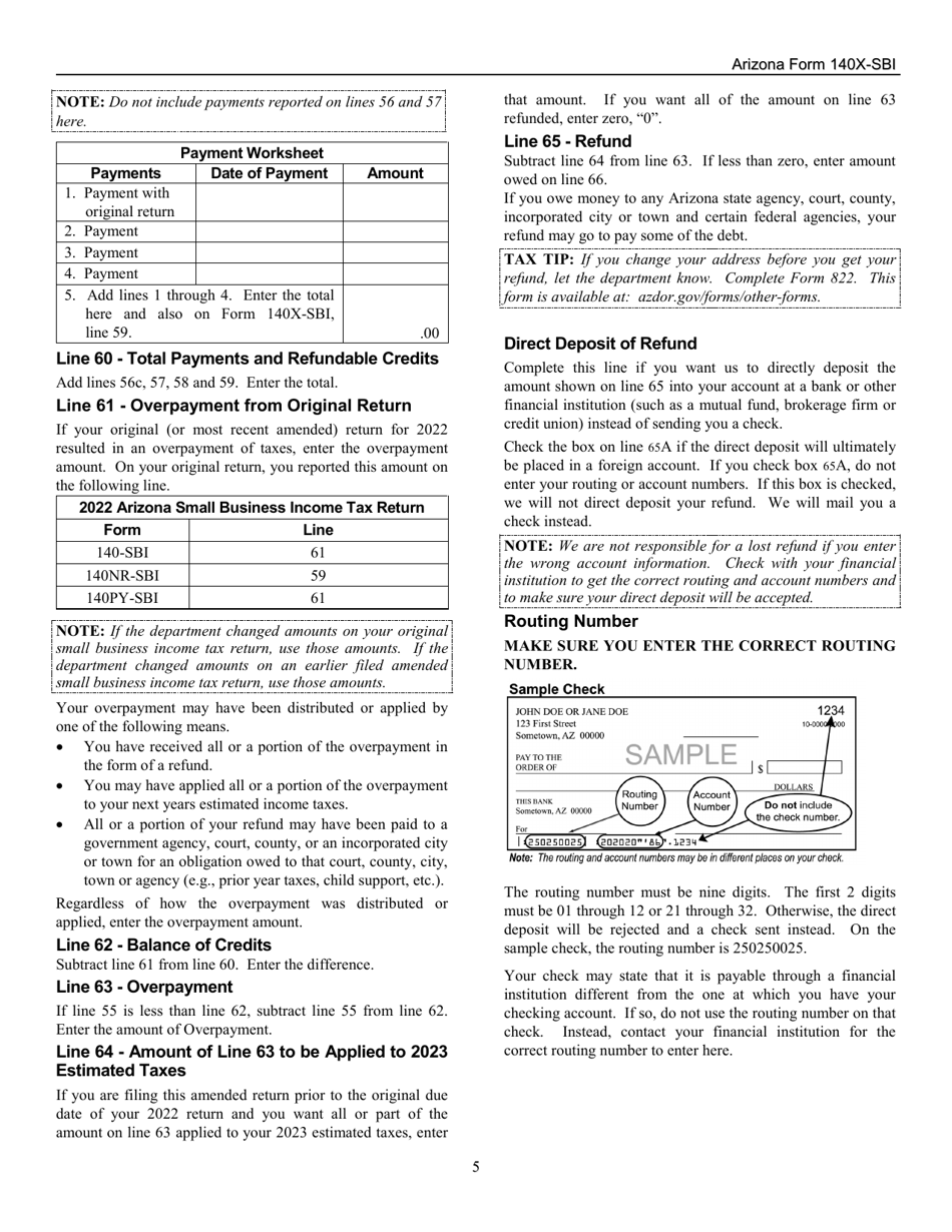 Instructions for Arizona Form 140X-SBI, ADOR11401 Small Business Amended Income Tax Return for Forms 140-sbi, 140nr-Sbi and 140py-Sbi - Arizona, Page 5
