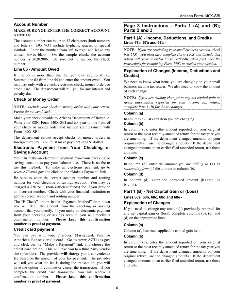 Instructions for Arizona Form 140X-SBI, ADOR11401 Small Business Amended Income Tax Return for Forms 140-sbi, 140nr-Sbi and 140py-Sbi - Arizona, Page 6