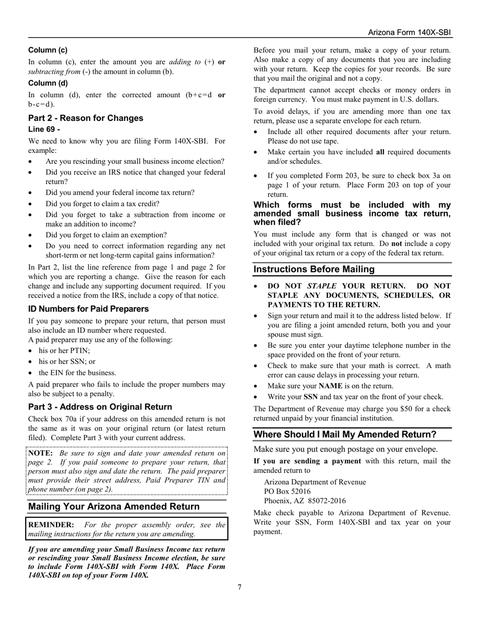 Instructions for Arizona Form 140X-SBI, ADOR11401 Small Business Amended Income Tax Return for Forms 140-sbi, 140nr-Sbi and 140py-Sbi - Arizona, Page 7