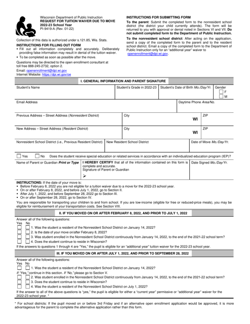 Form PI-9419-A Request for Tuition Waiver Due to Move - Wisconsin, 2023