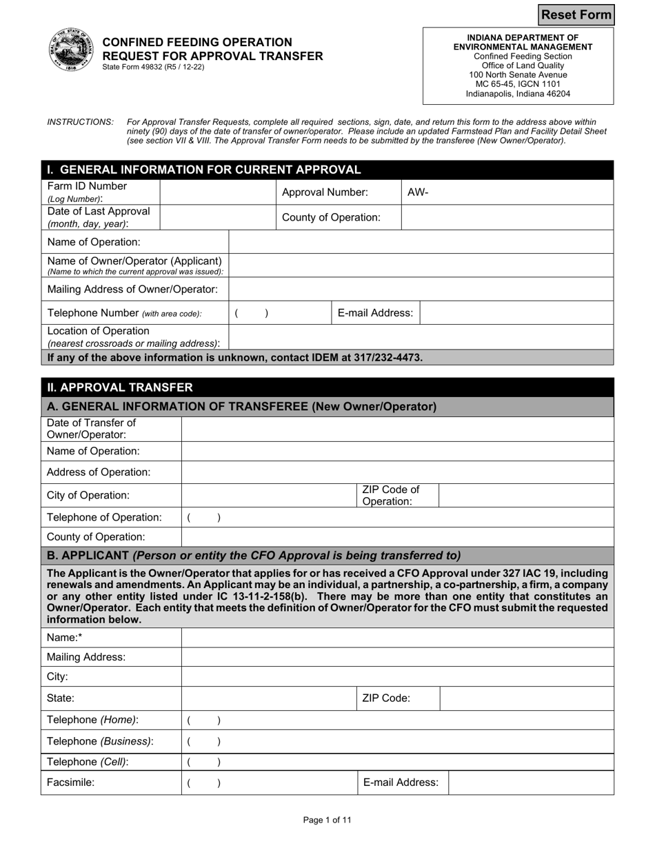 State Form 49832 Confined Feeding Operation Request for Approval Transfer - Indiana, Page 1