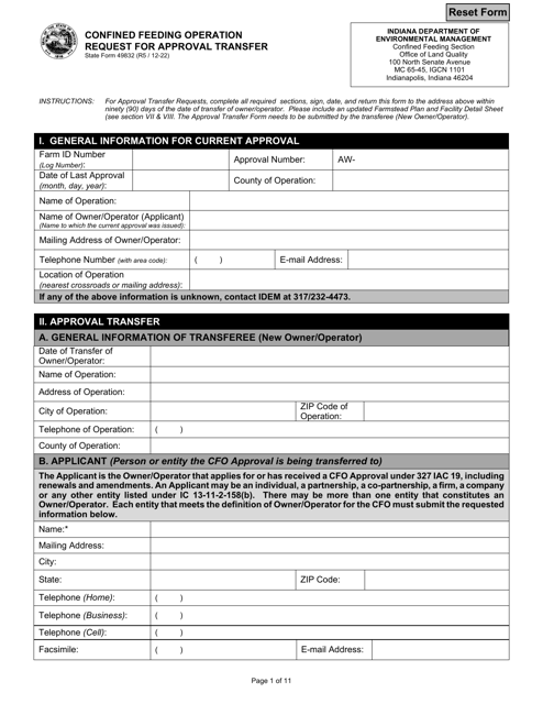 State Form 49832 Confined Feeding Operation Request for Approval Transfer - Indiana