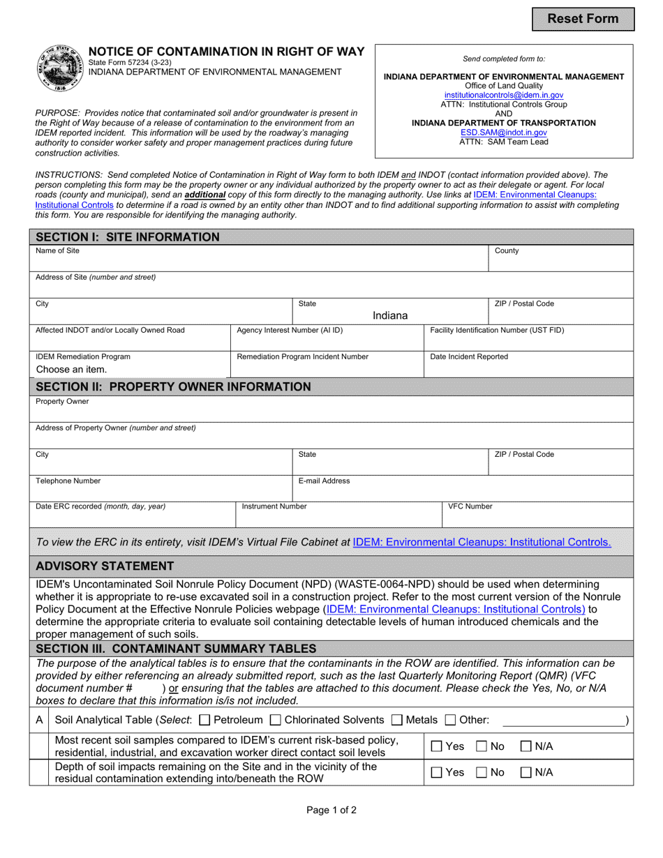 State Form 57234 Notice of Contamination in Right of Way - Indiana, Page 1