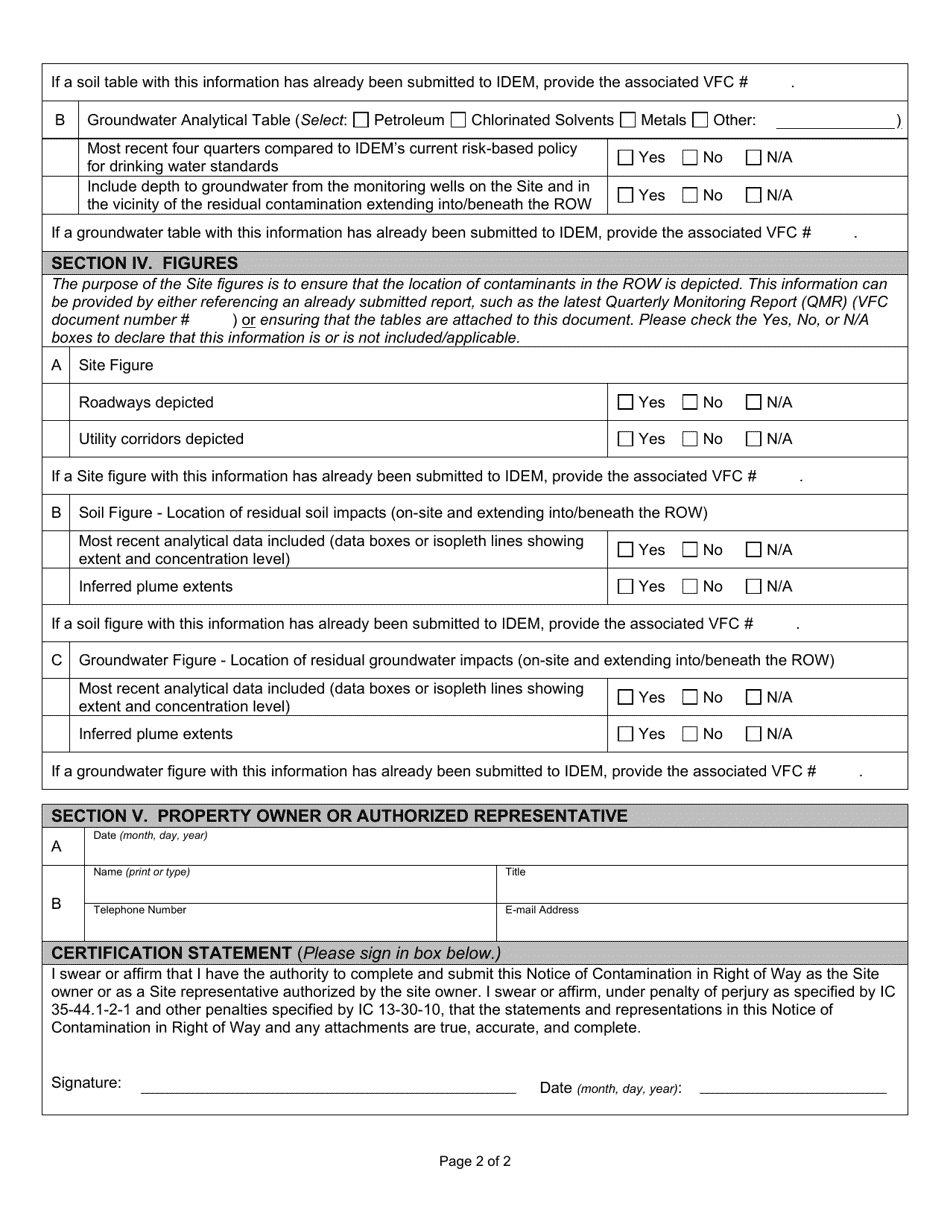 State Form 57234 Notice of Contamination in Right of Way - Indiana, Page 2