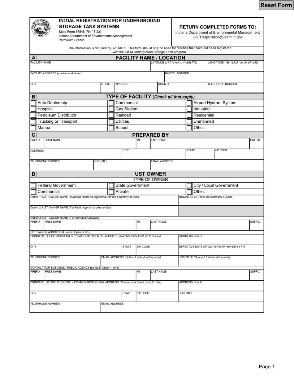 State Form 56548 Initial Registration for Underground Storage Tank Systems - Indiana, Page 1