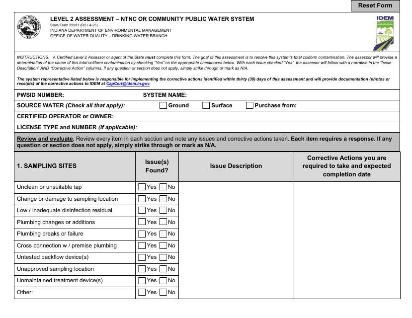 State Form 55981 Level 2 Assessment - Ntnc or Community Public Water System - Indiana