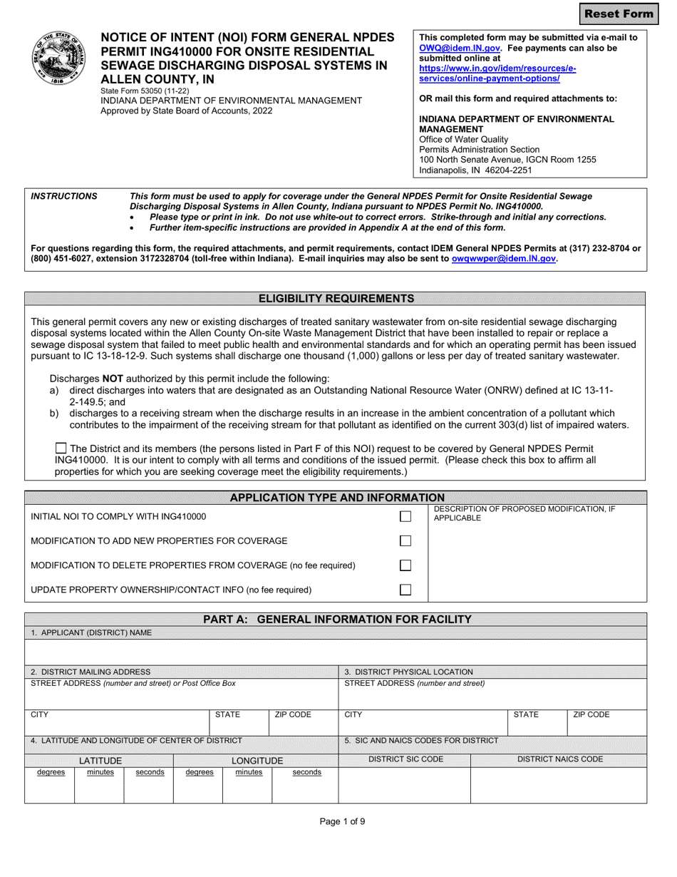 State Form 53050 Notice of Intent (Noi) Form General Npdes Permit Ing410000 for Onsite Residential Sewage Discharging Disposal Systems in Allen County, in - Indiana, Page 1