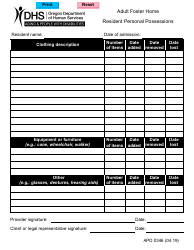 Document preview: Form APD0346 Adult Foster Home - Resident Personal Possessions - Oregon
