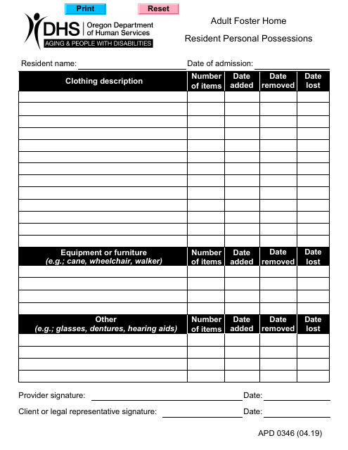 Form APD0346 Adult Foster Home - Resident Personal Possessions - Oregon