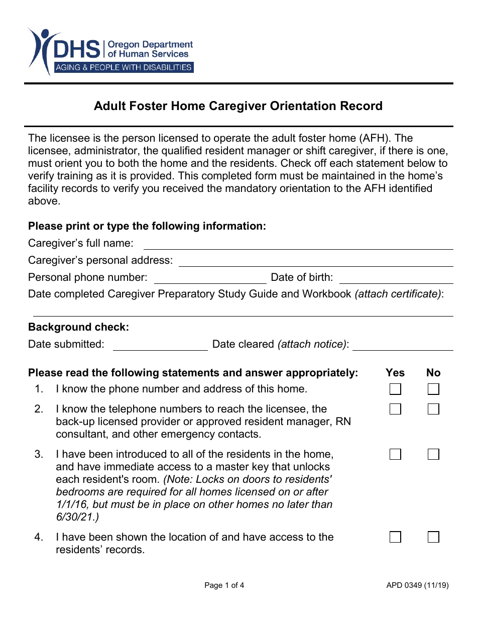 Form APD0349 Adult Foster Home Caregiver Orientation Record - Oregon, Page 1