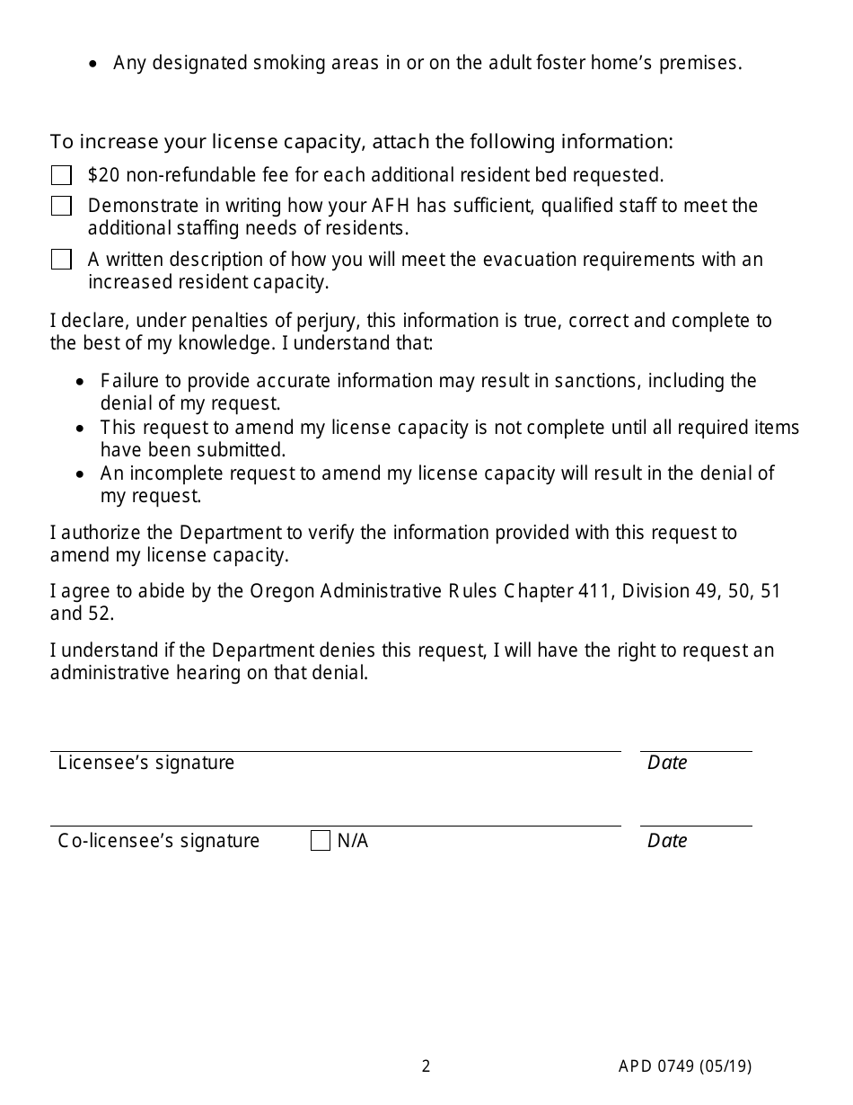 Form APD0749 Request to Amend Adult Foster Home License Capacity - Oregon, Page 2