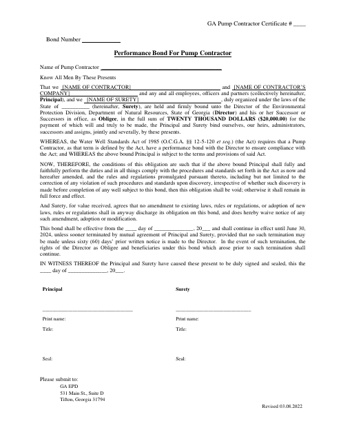 Performance Bond for Pump Contractor / Irrevocable Letter of Credit Pump Contractor - Georgia (United States) Download Pdf