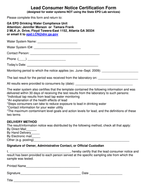 Lead Consumer Notice Certification Form for Non-contracted Pwss - Georgia (United States) Download Pdf