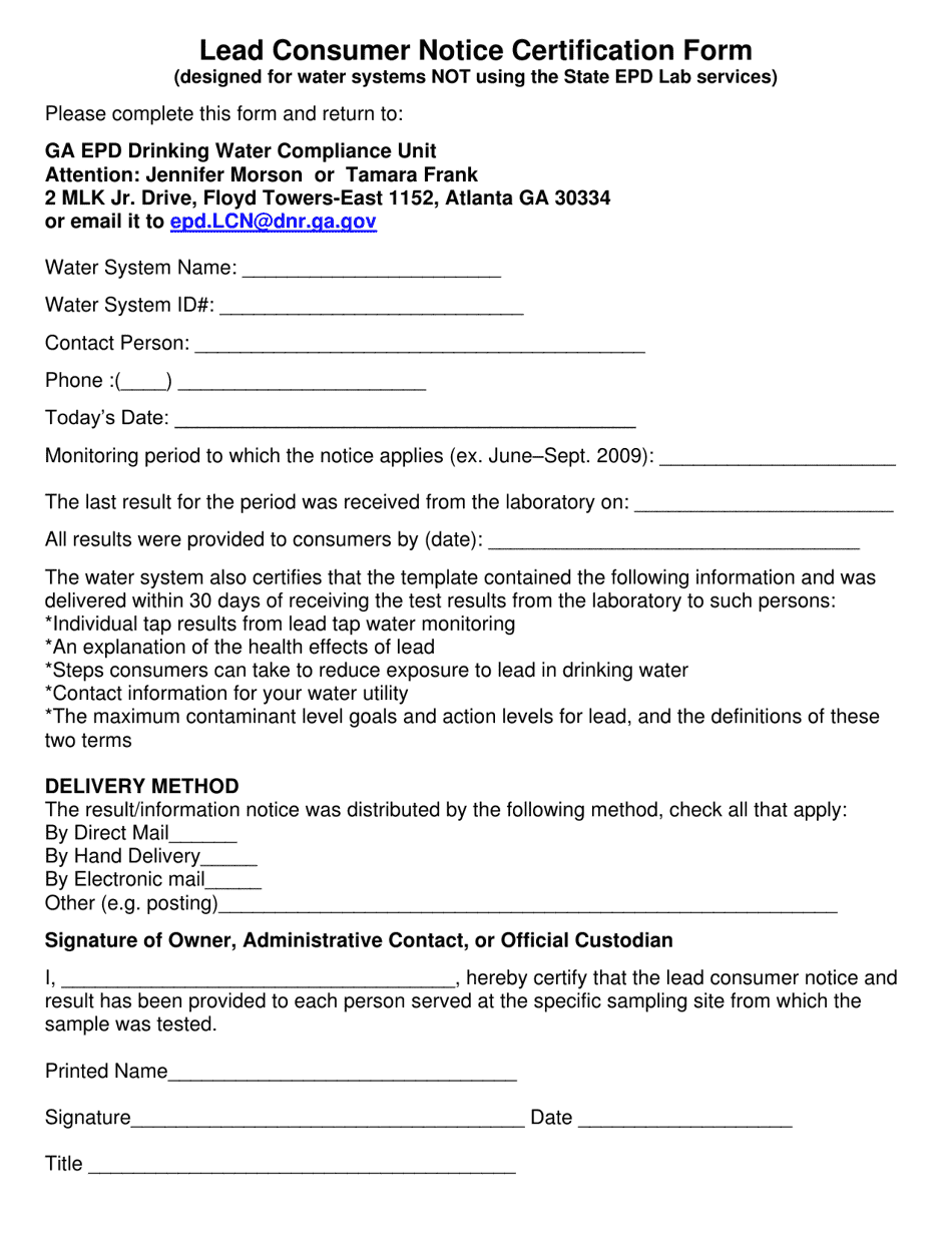 Lead Consumer Notice Certification Form for Non-contracted Pwss - Georgia (United States), Page 1