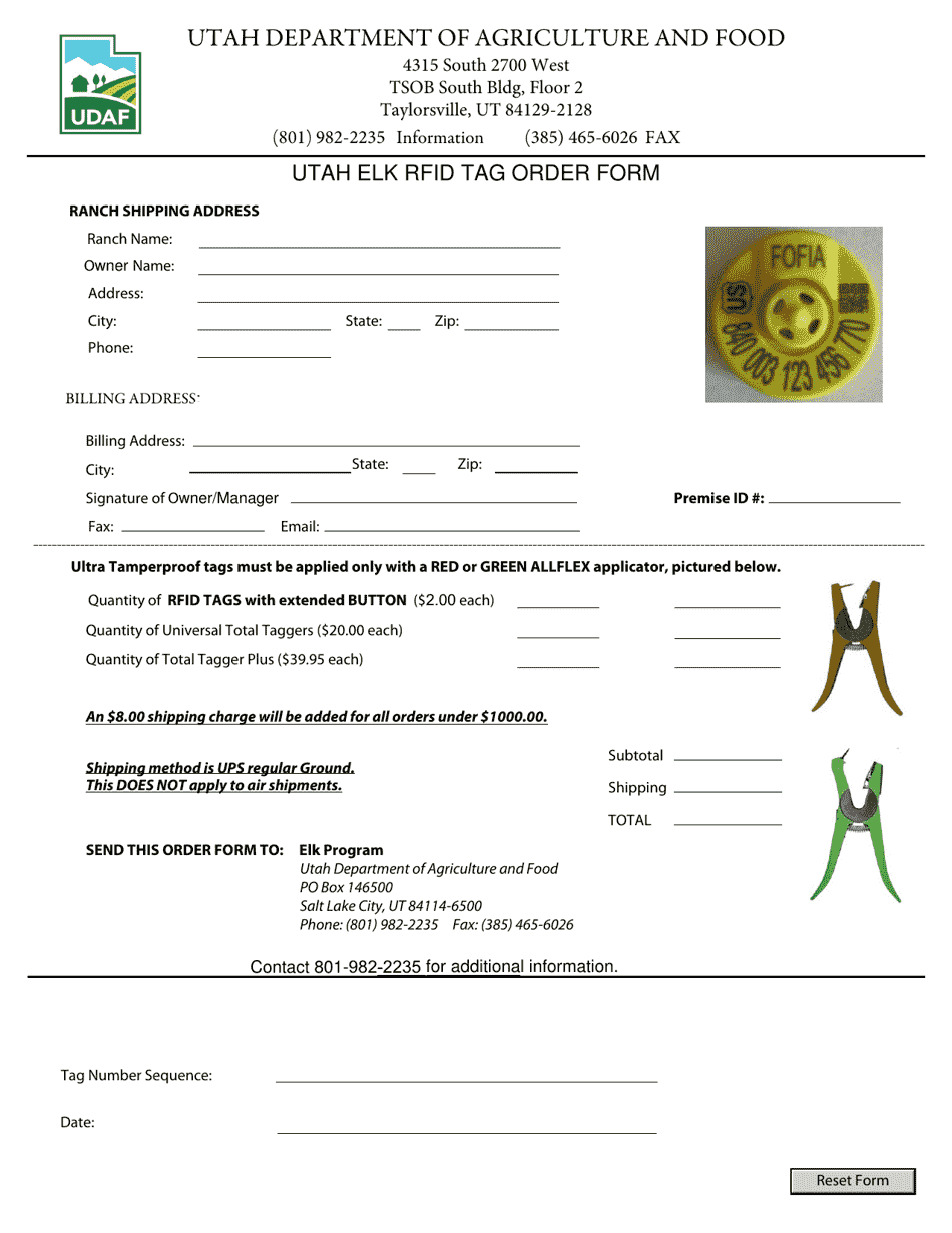 Utah Elk Rfid Tag Order Form - Utah, Page 1