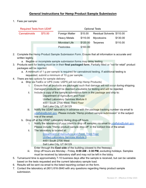 Hemp Product Sample Submission Form - Utah Download Pdf