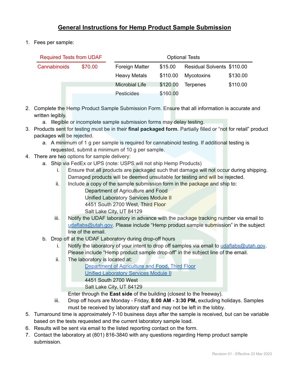 Hemp Product Sample Submission Form - Utah, Page 1