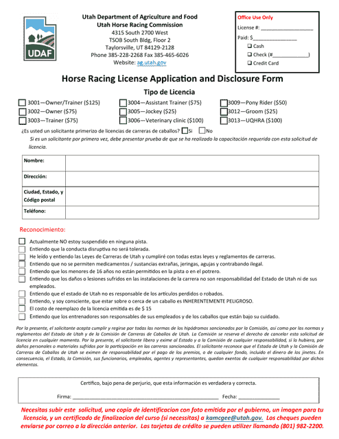 Horse Racing License Application and Disclosure Form - Utah (English / Spanish) Download Pdf