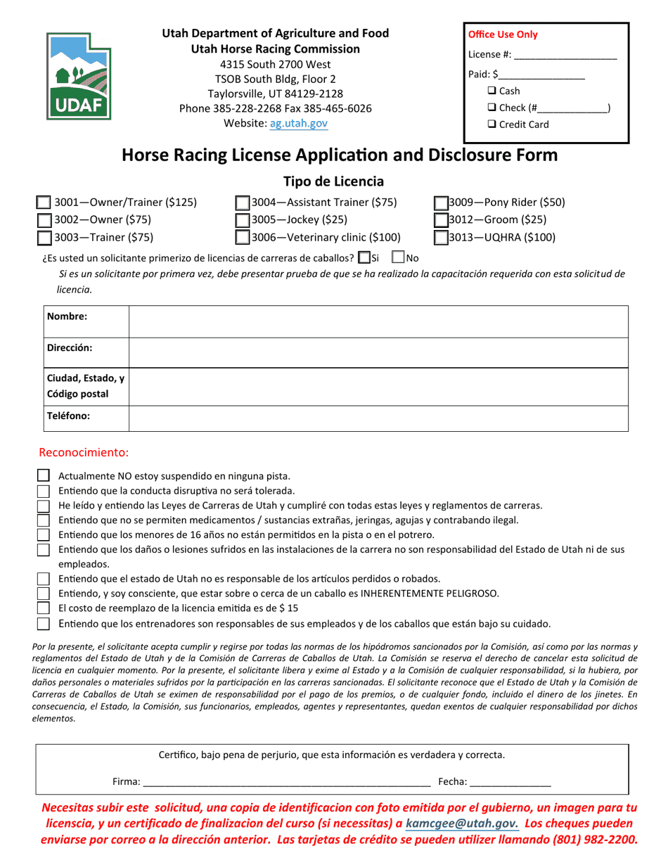 Horse Racing License Application and Disclosure Form - Utah (English / Spanish), Page 1