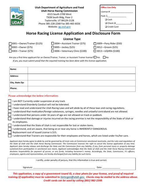 Horse Racing License Application and Disclosure Form - Utah Download Pdf
