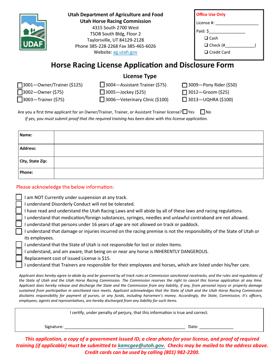 Utah Horse Racing License Application and Disclosure Form Fill Out