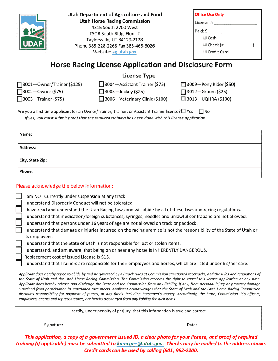 Horse Racing License Application and Disclosure Form - Utah, Page 1