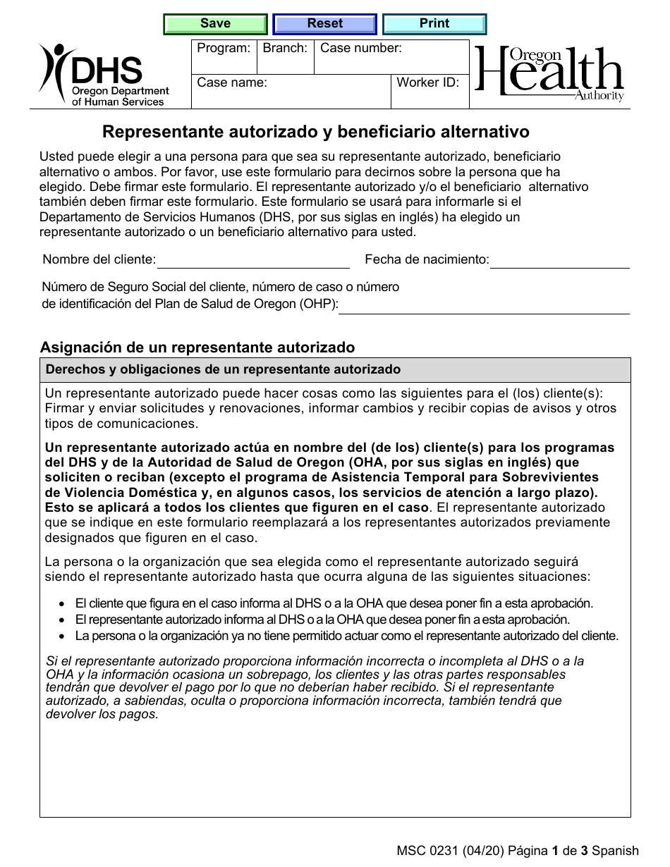 Formulario MSC0231 Representante Autorizado Y Beneficiario Alternativo - Oregon (Spanish), Page 1