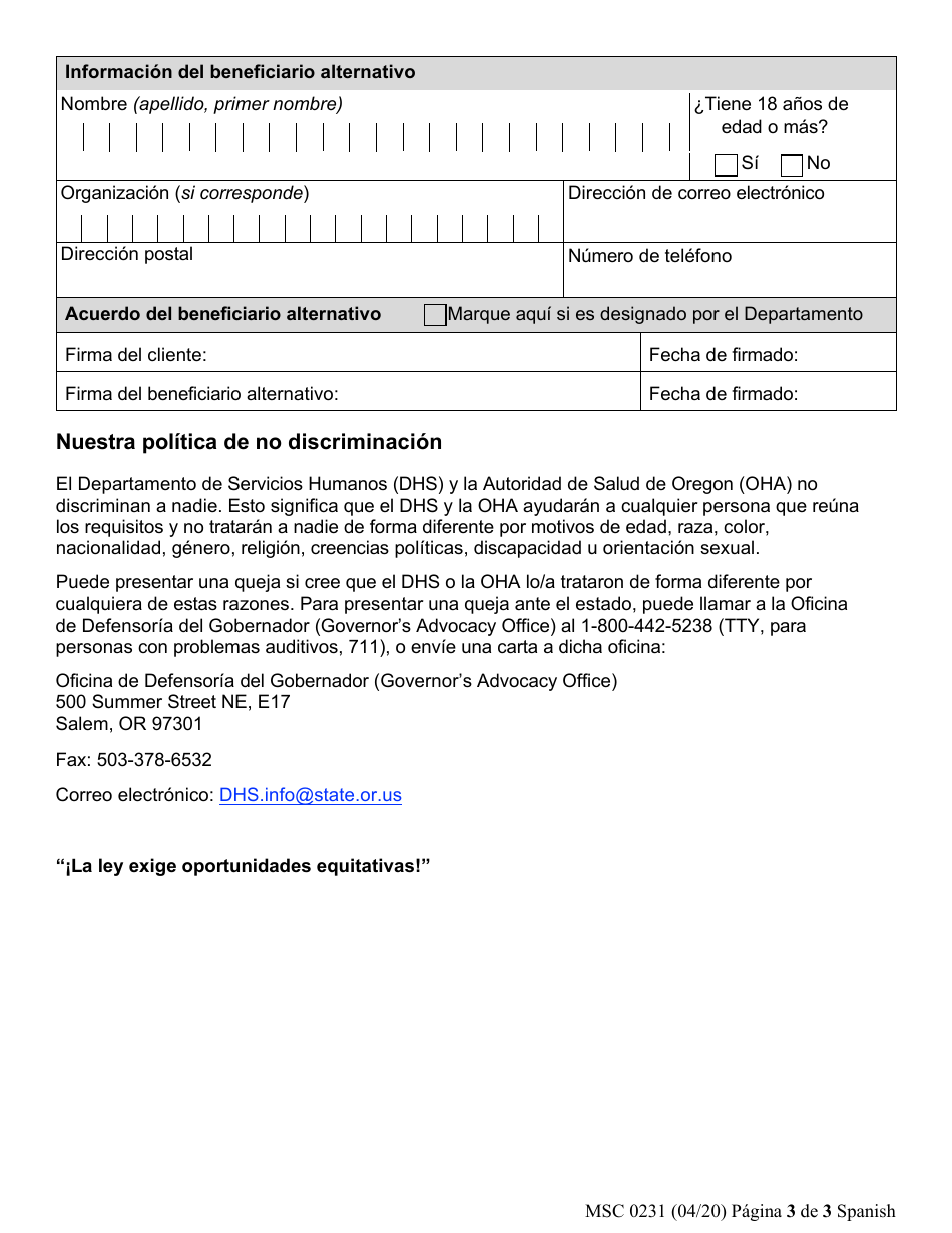 Formulario MSC0231 Representante Autorizado Y Beneficiario Alternativo - Oregon (Spanish), Page 3