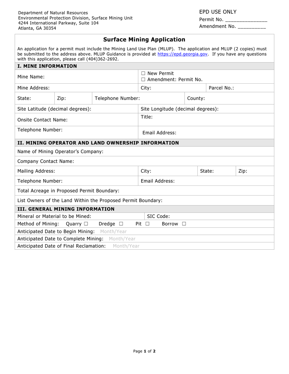 Application for Surface Mining Permit and Amendment - Georgia (United States), Page 1