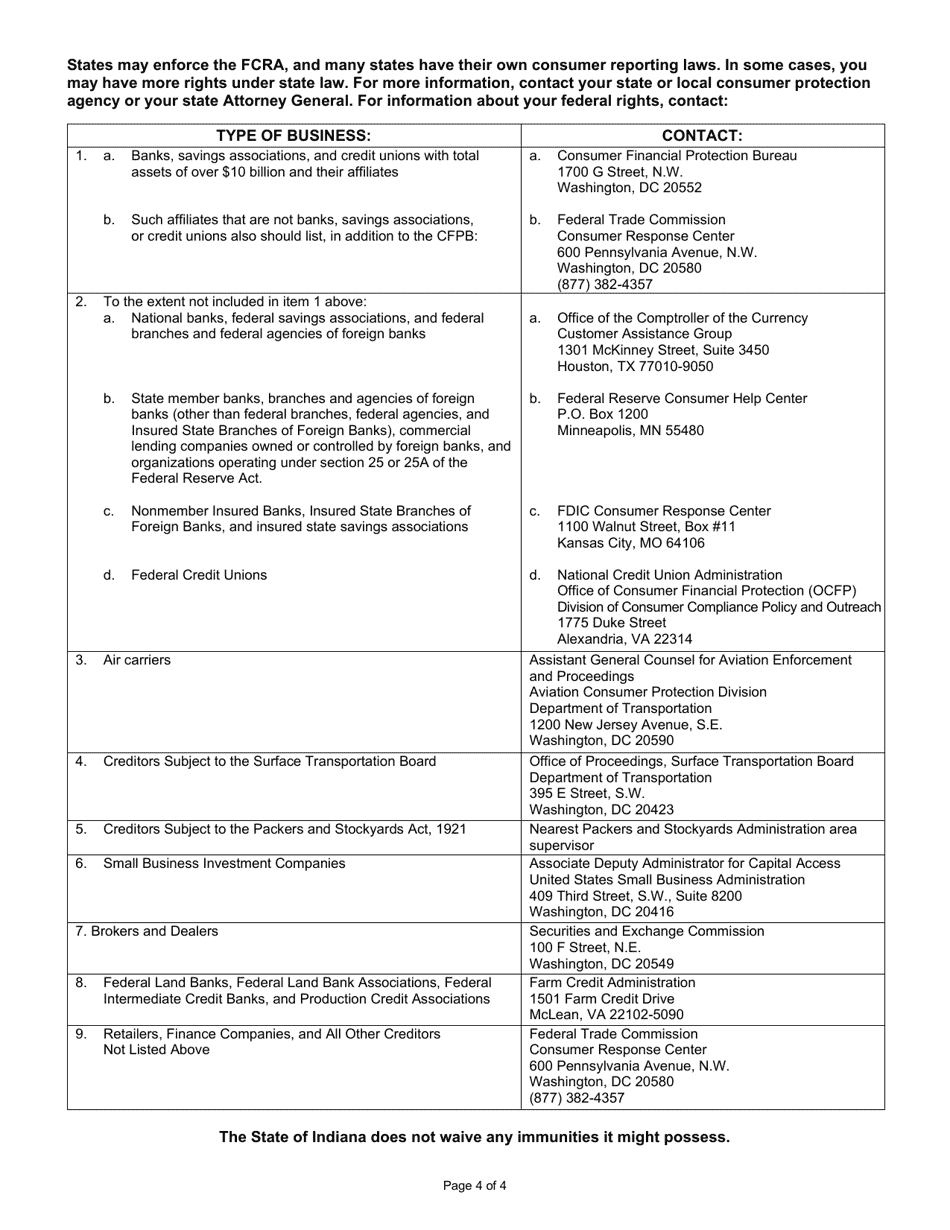 State Form 51334 Applicant Disclosure and Release for Consumer and Investigative Consumer Reports - Indiana, Page 4