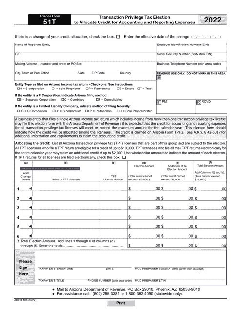 Arizona Form 51T (ADOR10150) 2022 Printable Pdf