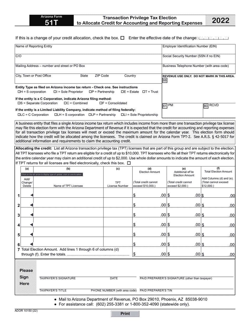 Arizona Form 51T (ADOR10150) Transaction Privilege Tax Election to Allocate Credit for Accounting and Reporting Expenses - Arizona, Page 1