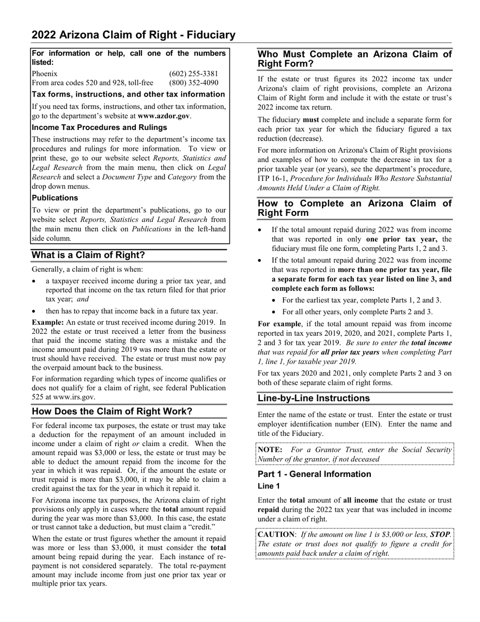 Instructions for Form ADOR11282 Arizona Claim of Right - Fiduciary - Arizona, Page 1