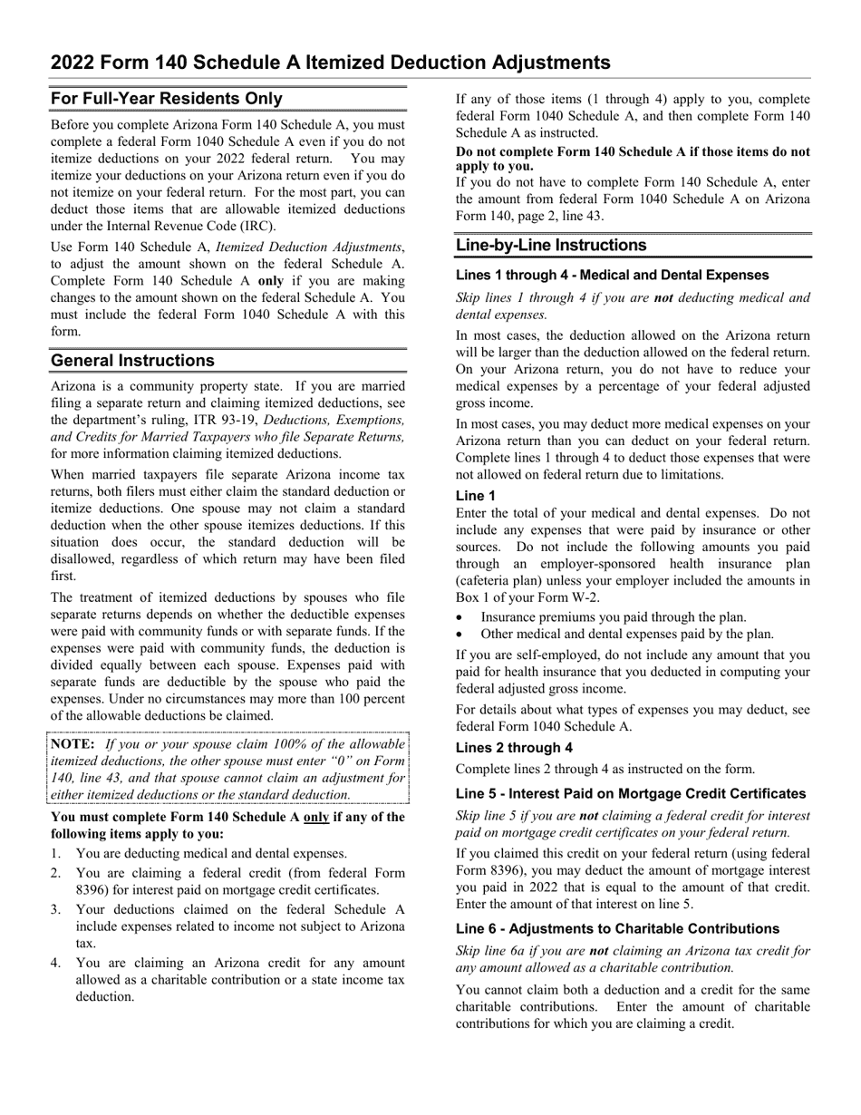 Instructions for Arizona Form 140, ADOR10571 Schedule A Itemized Deduction Adjustments - Arizona, Page 1