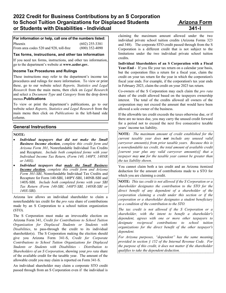 Instructions for Arizona Form 341-I, ADOR11240 Credit for Business Contributions by an S Corporation to School Tuition Organizations for Displaced Students or Students With Disabilities - Individual - Arizona, Page 1