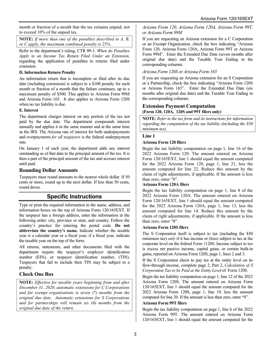 Instructions for Arizona Form 120 / 165EXT, ADOR10340 Application for Automatic Extension of Time to File Corporation, Partnership, and Exempt Organization Returns - Arizona, Page 3