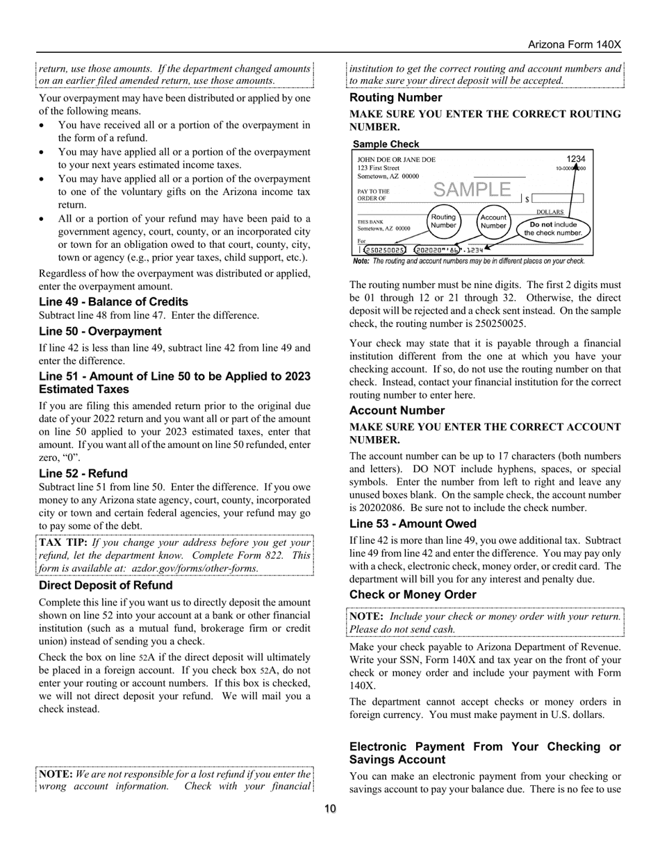 Instructions for Arizona Form 140X, ADOR10573 Individual Amended Income Tax Return for Forms 140, 140a, 140ez, 140nr and 140py - Arizona, Page 10