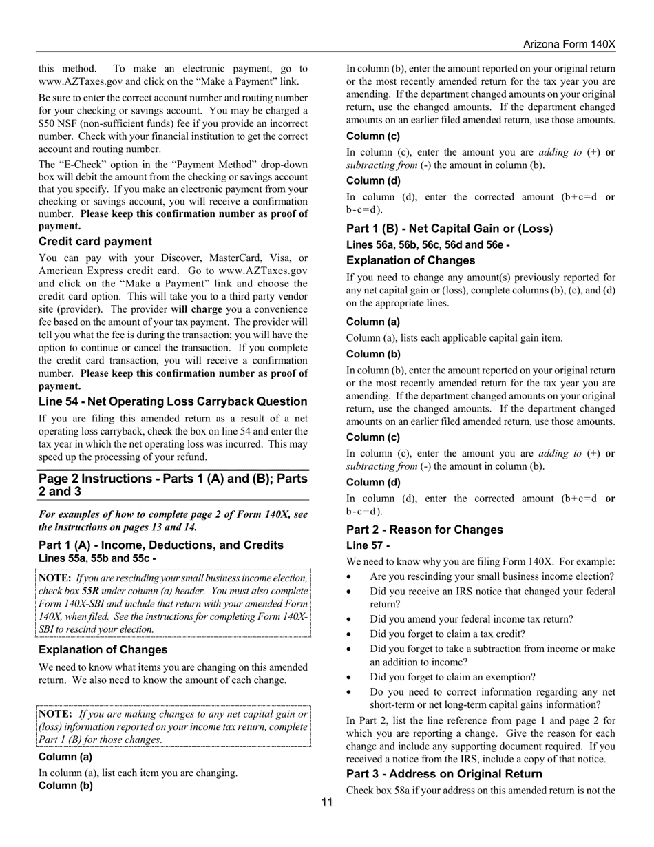 Instructions for Arizona Form 140X, ADOR10573 Individual Amended Income Tax Return for Forms 140, 140a, 140ez, 140nr and 140py - Arizona, Page 11