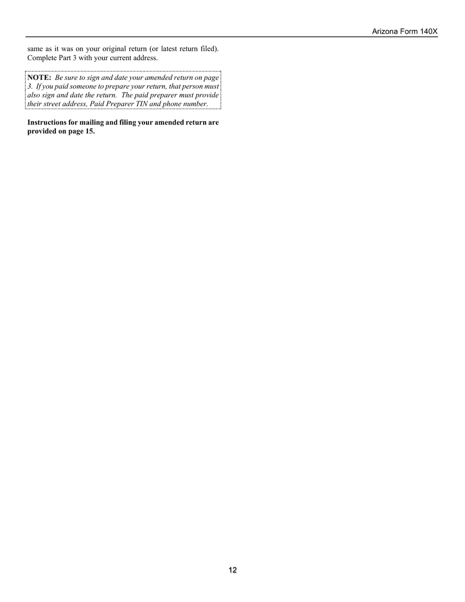 Instructions for Arizona Form 140X, ADOR10573 Individual Amended Income Tax Return for Forms 140, 140a, 140ez, 140nr and 140py - Arizona, Page 12